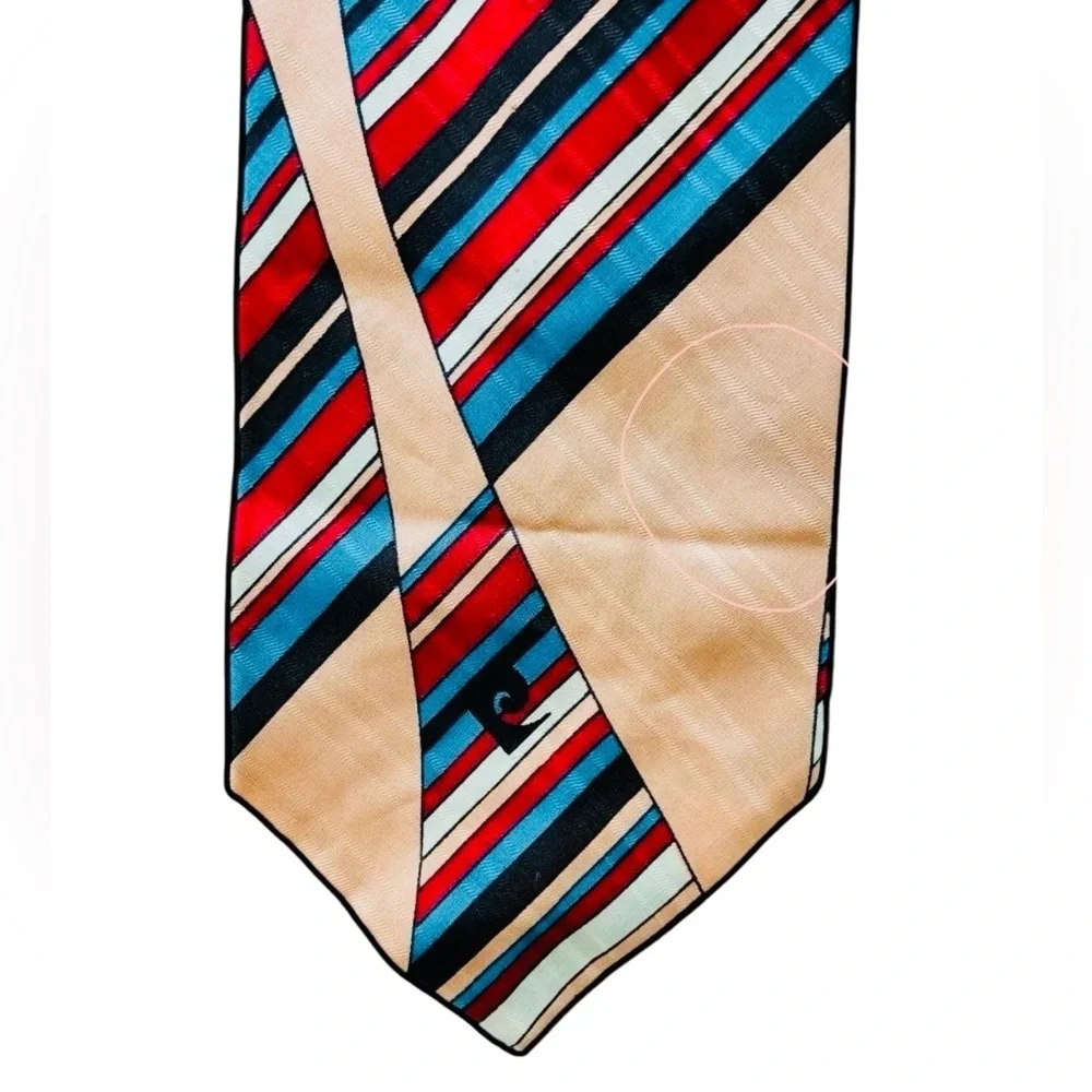 Vintage Pierre Cardin Silk Tie Geometric Stripe 100% Silk Red Blue Tan